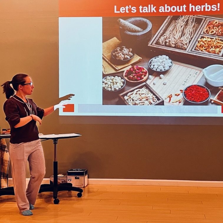 Photo of Jessica presenting a workshop on herbal medicine